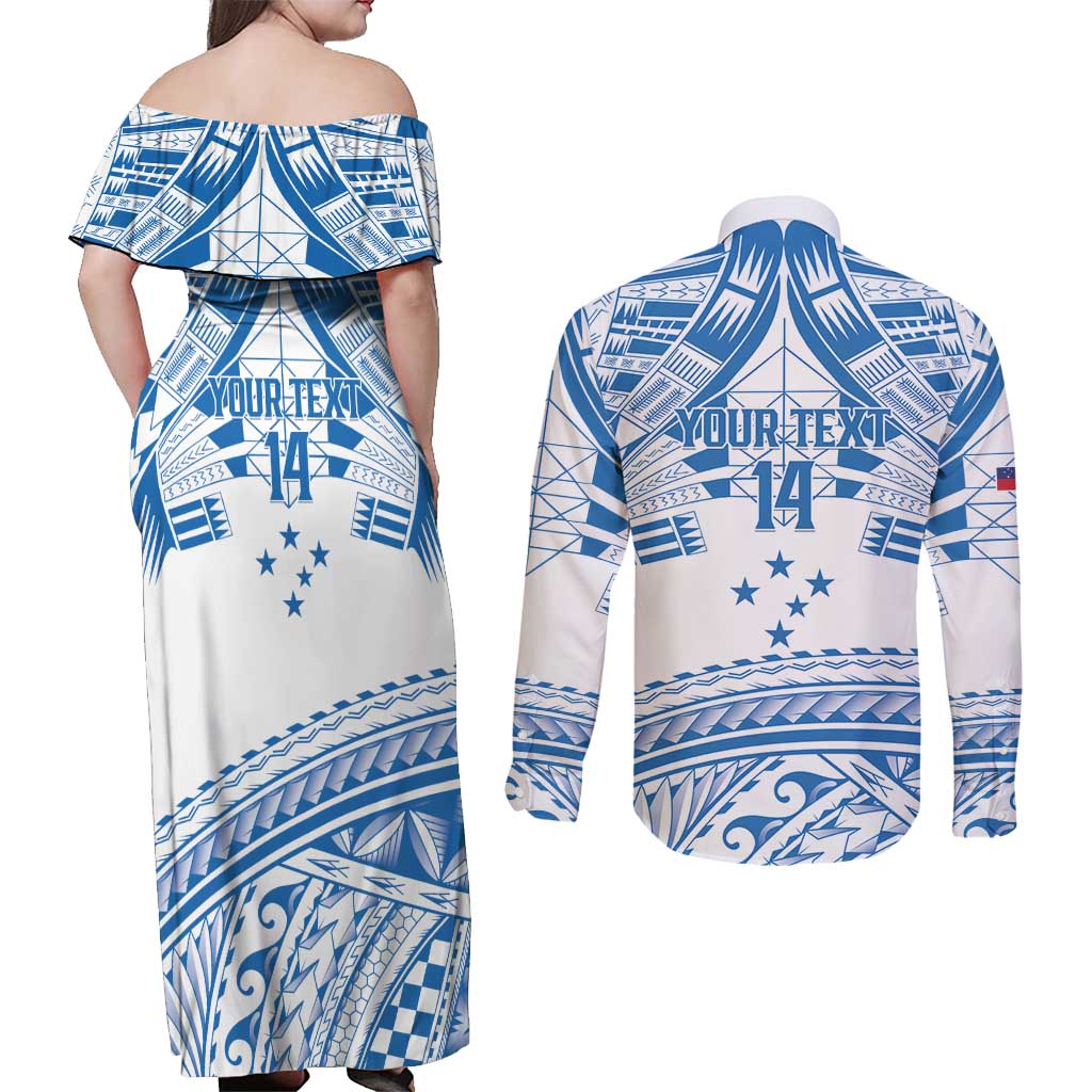 Toa Samoa Rugby Custom Couples Matching Off Shoulder Maxi Dress and Long Sleeve Button Shirt Uso aso uma Samoan Pattern White - Polynesian Pride