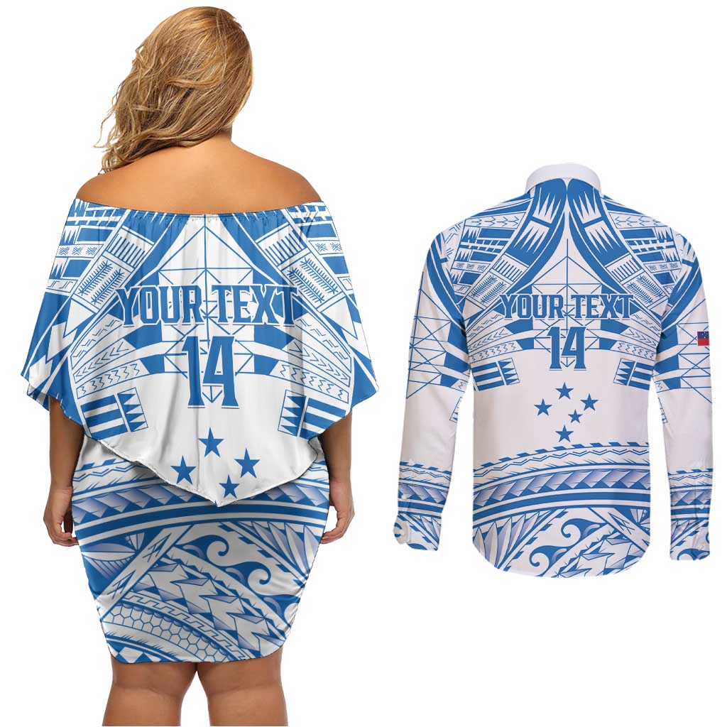 Toa Samoa Rugby Custom Couples Matching Off Shoulder Short Dress and Long Sleeve Button Shirt Uso aso uma Samoan Pattern White - Polynesian Pride