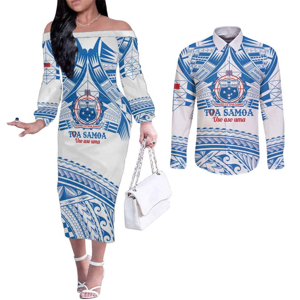 Toa Samoa Rugby Custom Couples Matching Off The Shoulder Long Sleeve Dress and Long Sleeve Button Shirt Uso aso uma Samoan Pattern White - Polynesian Pride