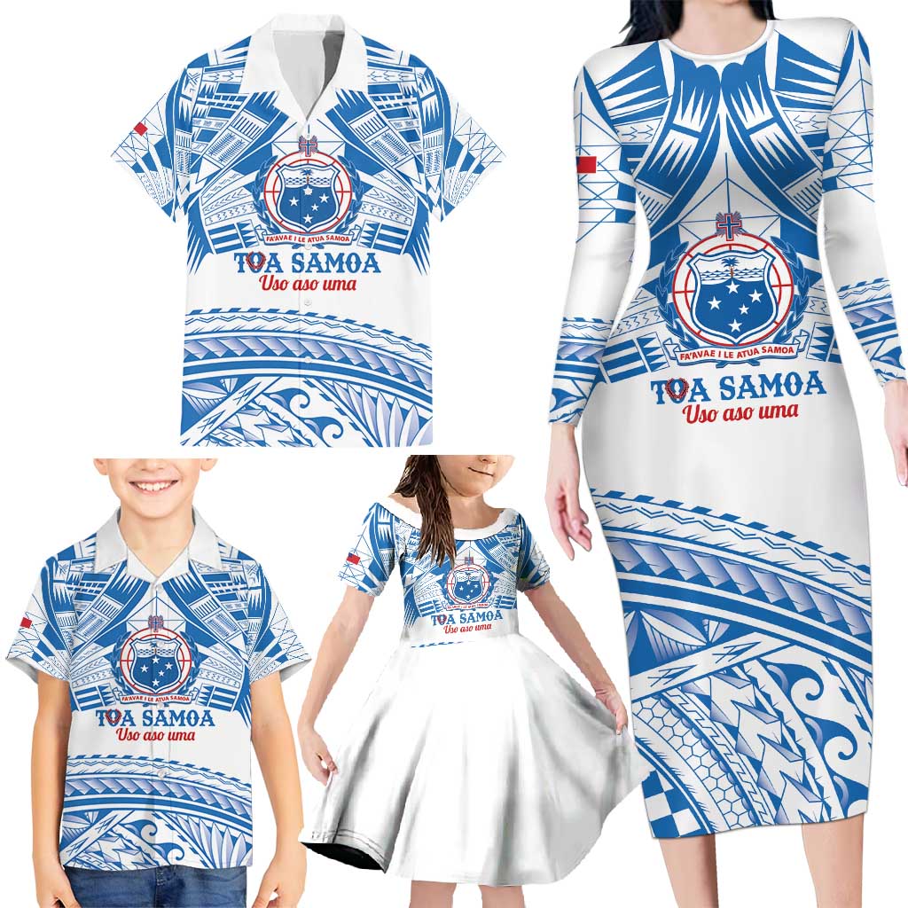 Toa Samoa Rugby Custom Family Matching Long Sleeve Bodycon Dress and Hawaiian Shirt Uso aso uma Samoan Pattern White - Polynesian Pride