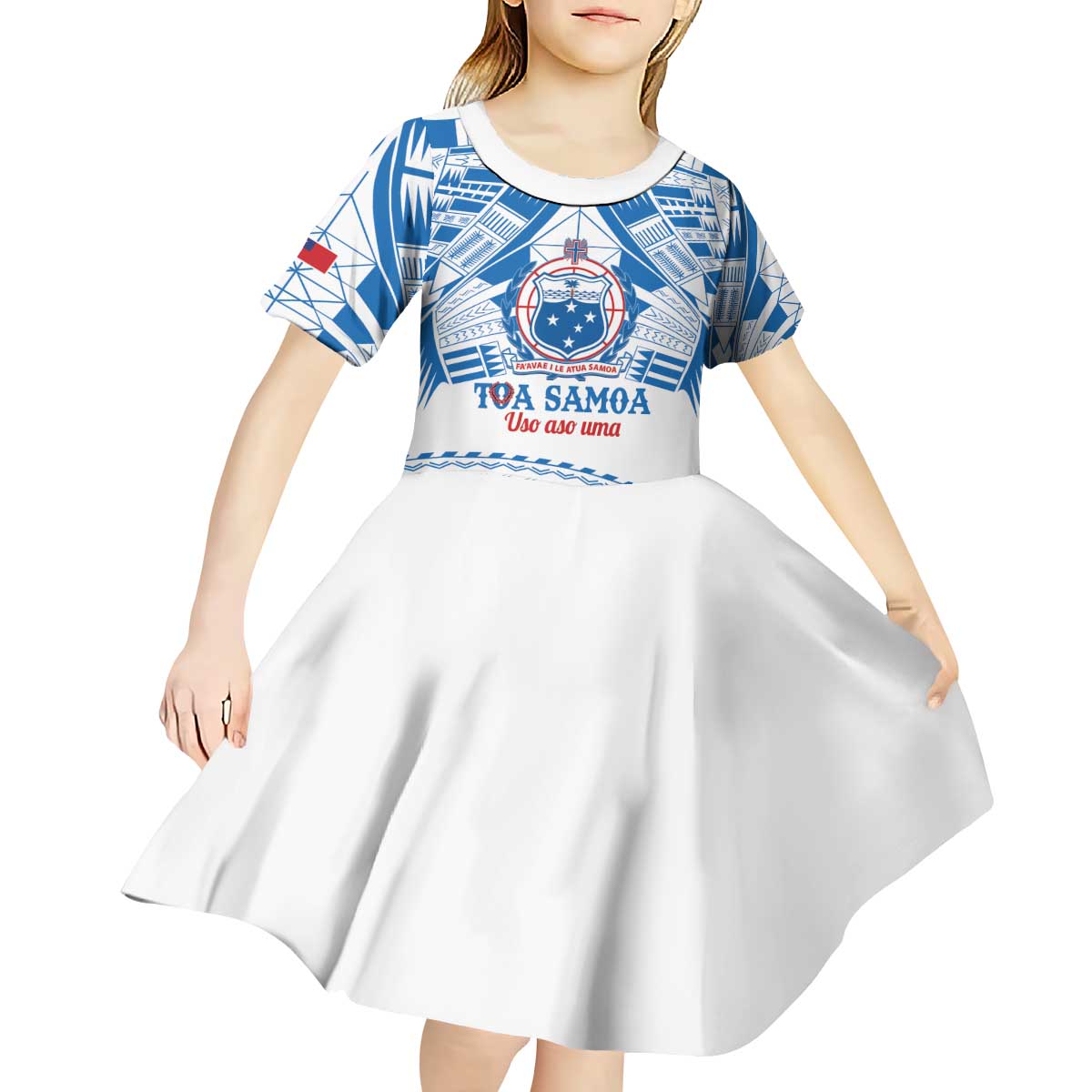 Toa Samoa Rugby Custom Kid Short Sleeve Dress Uso aso uma Samoan Pattern White - Polynesian Pride