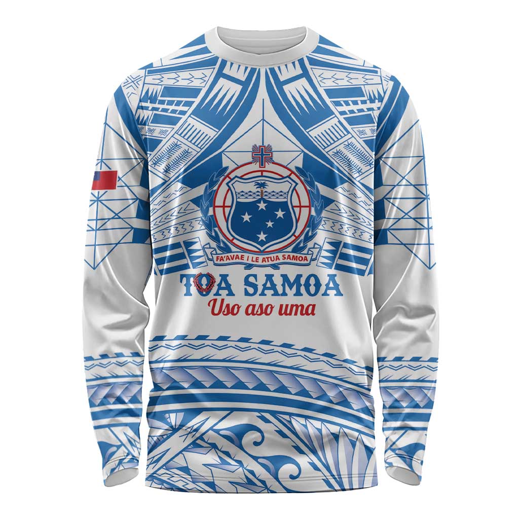 Toa Samoa Rugby Custom Long Sleeve Shirt Uso aso uma Samoan Pattern White - Polynesian Pride