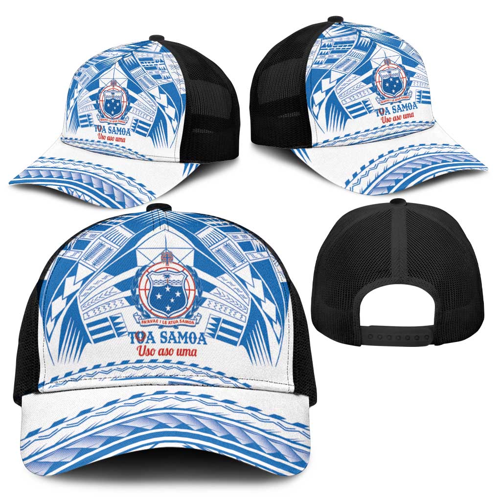 Toa Samoa Rugby Mesh Trucker Cap Uso aso uma Samoan Pattern White - Polynesian Pride