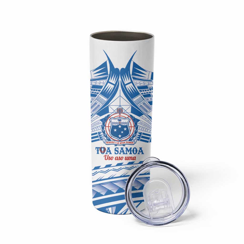 Toa Samoa Rugby Custom Skinny Tumbler Uso aso uma Samoan Pattern White - Polynesian Pride