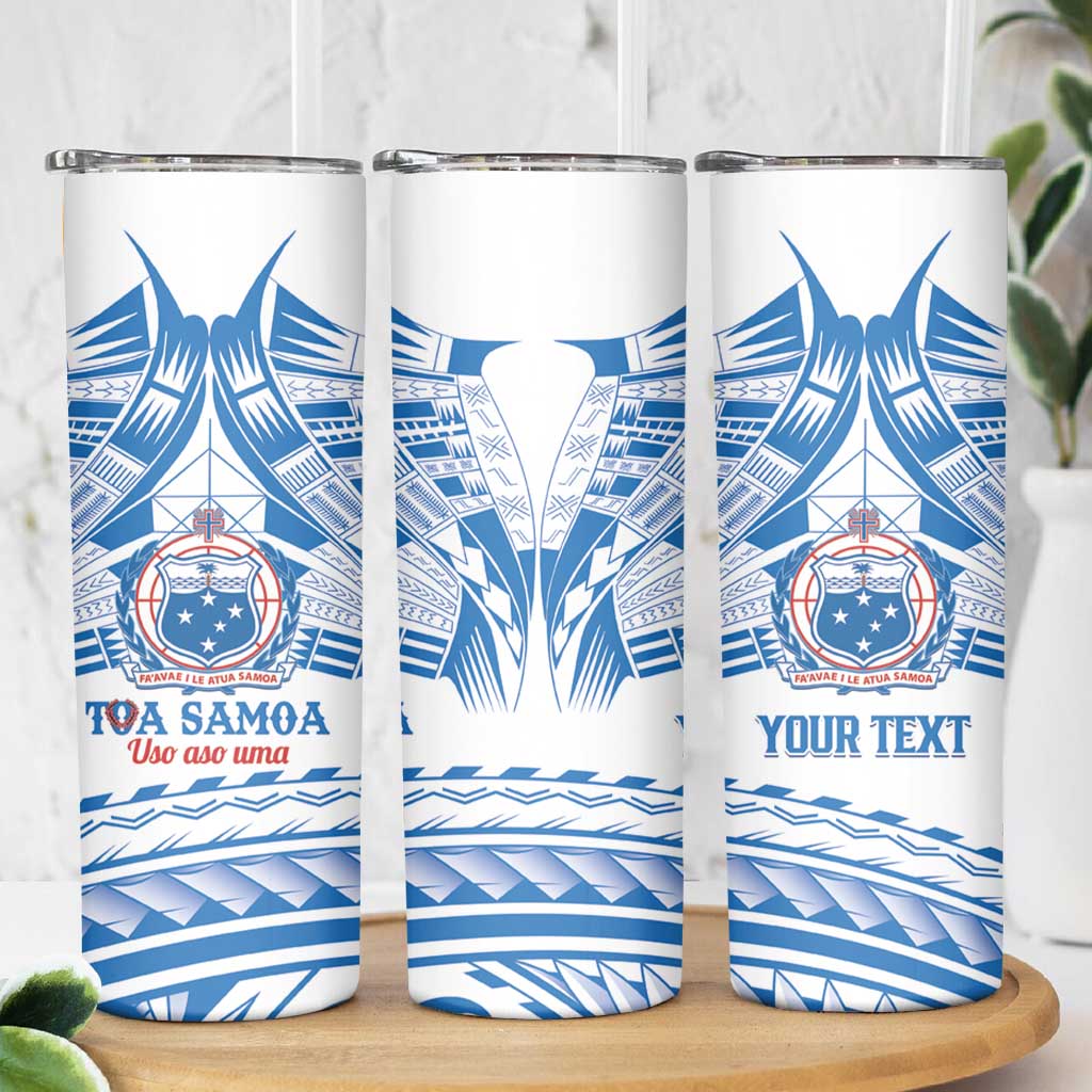Toa Samoa Rugby Custom Skinny Tumbler Uso aso uma Samoan Pattern White - Polynesian Pride