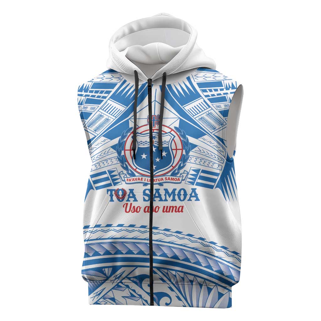 Toa Samoa Rugby Custom Sleeveless Zip Hoodie Uso aso uma Samoan Pattern White - Polynesian Pride