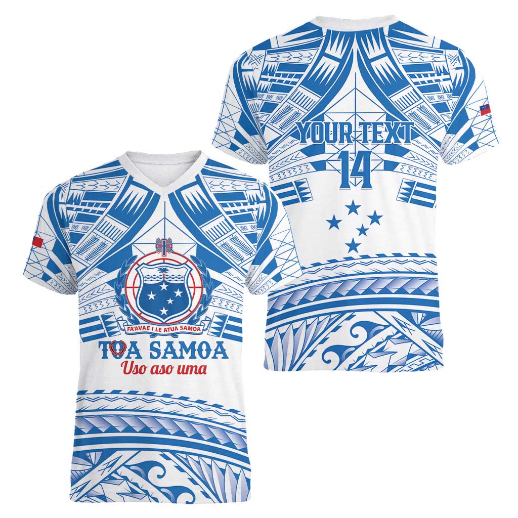Toa Samoa Rugby Custom Women V-Neck T-Shirt Uso aso uma Samoan Pattern White - Polynesian Pride