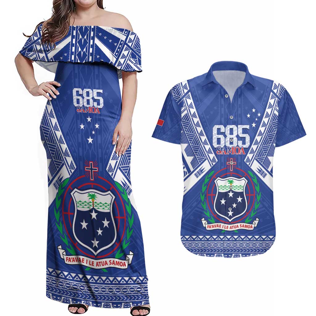 Personalised Samoa 685 Couples Matching Off Shoulder Maxi Dress and Hawaiian Shirt Samoan Pride Coat Of Arms - Polynesian Pride