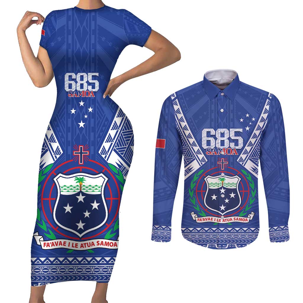 Personalised Samoa 685 Couples Matching Short Sleeve Bodycon Dress and Long Sleeve Button Shirt Samoan Pride Coat Of Arms - Polynesian Pride