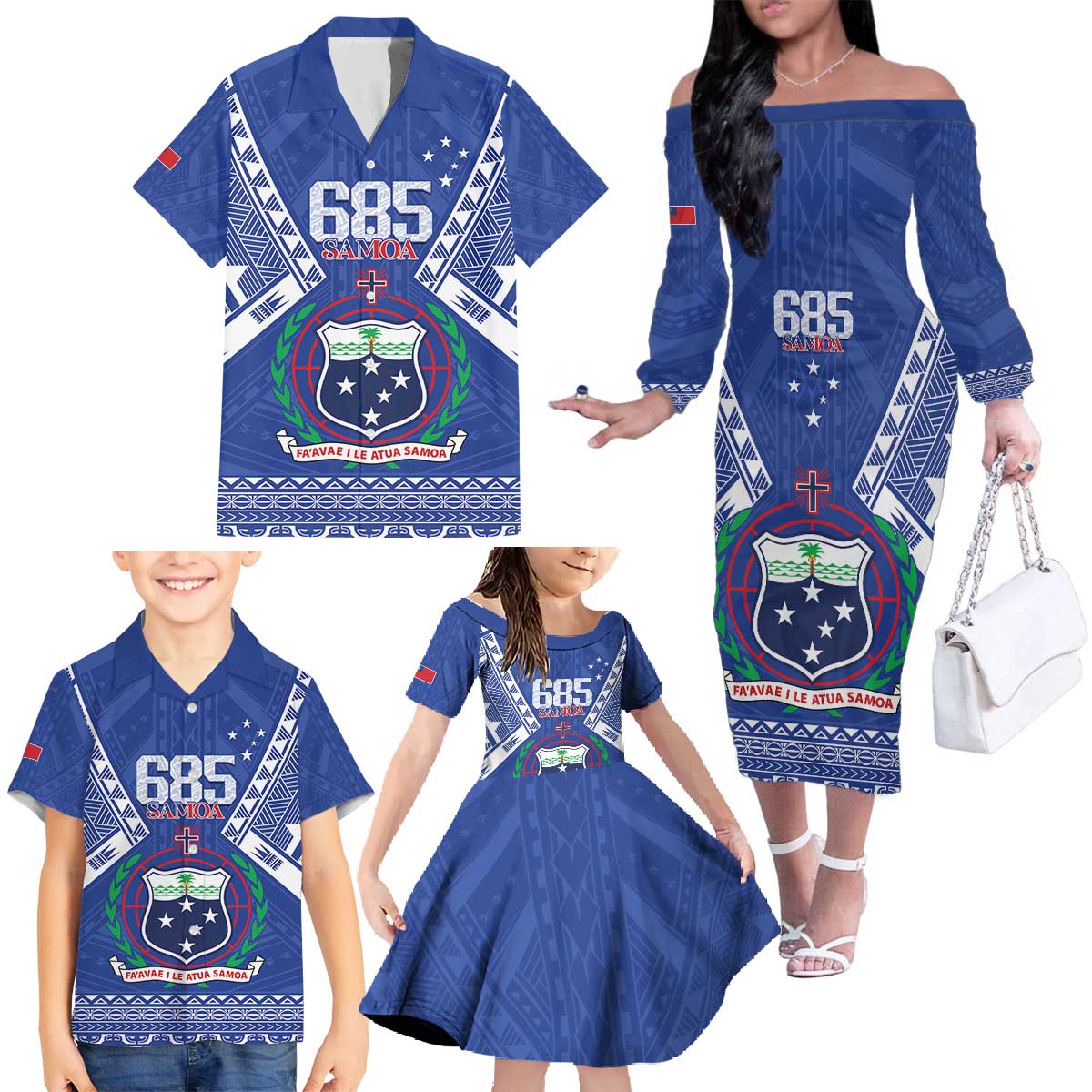 Personalised Samoa 685 Family Matching Off The Shoulder Long Sleeve Dress and Hawaiian Shirt Samoan Pride Coat Of Arms - Polynesian Pride