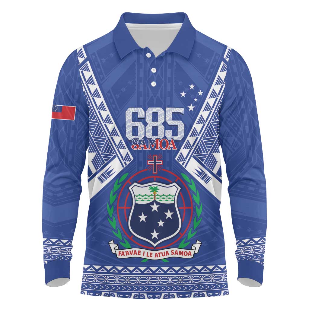 Personalised Samoa 685 Long Sleeve Polo Shirt Samoan Pride Coat Of Arms LT14 Blue - Polynesian Pride