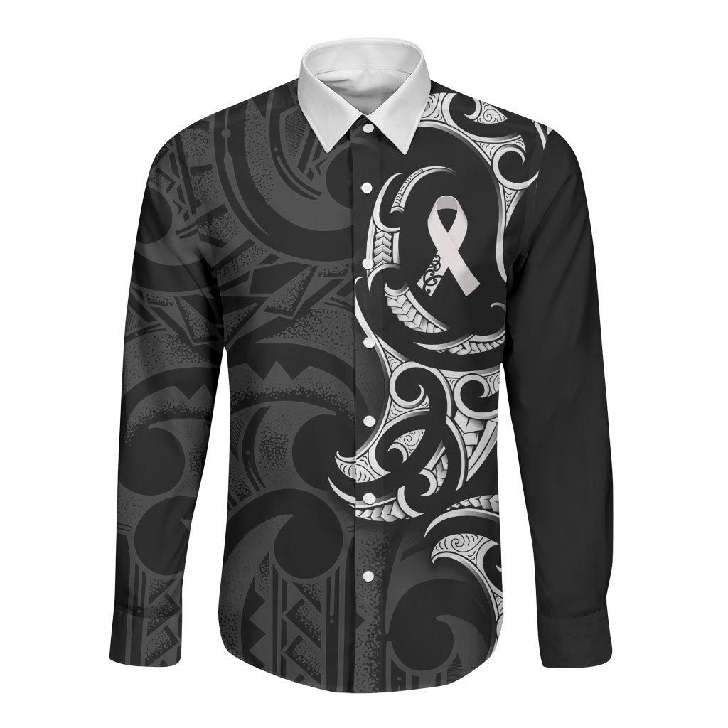 White Ribbon Day New Zealand Long Sleeve Button Shirt Aotearoa Maori Pattern LT14 Unisex Black - Polynesian Pride