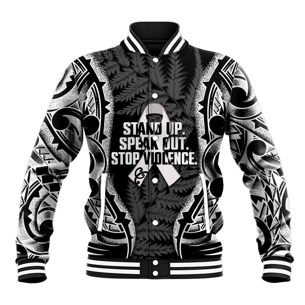 White Ribbon Day New Zealand Baseball Jacket Respect Women Maori Pattern Black LT14 Unisex Black - Polynesian Pride