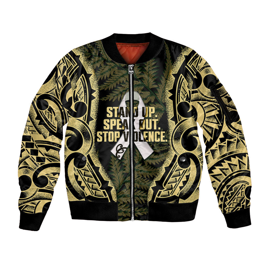 White Ribbon Day New Zealand Sleeve Zip Bomber Jacket Respect Women Maori Pattern Yellow LT14 Unisex Yellow - Polynesian Pride
