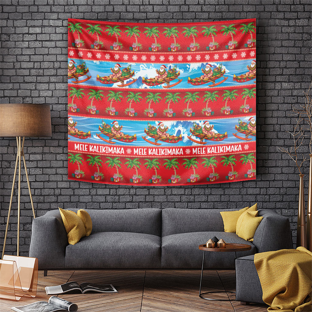 Hawaii Mele Kalikimaka Tapestry Outrigger Canoe Santa Festive Palm Seamless LT14 Red - Polynesian Pride