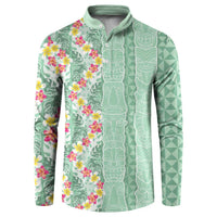 Menthol Green Aloha Hawaii Tiki Button Sweatshirt Tropical Plumeria - Seamless Style LT14 Green - Polynesian Pride