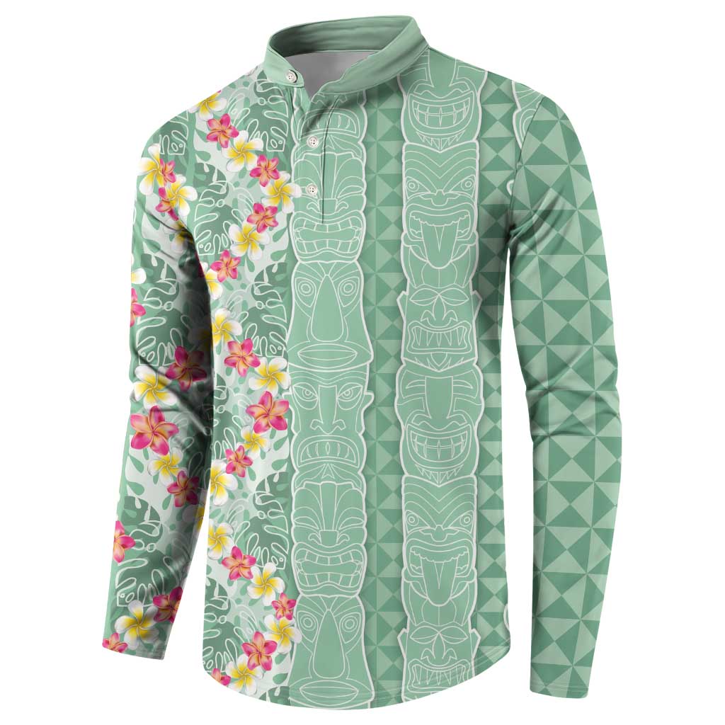 Menthol Green Aloha Hawaii Tiki Button Sweatshirt Tropical Plumeria - Seamless Style LT14 - Polynesian Pride