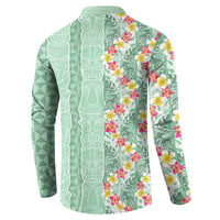 Menthol Green Aloha Hawaii Tiki Button Sweatshirt Tropical Plumeria - Seamless Style LT14 - Polynesian Pride