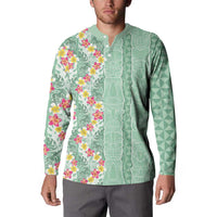 Menthol Green Aloha Hawaii Tiki Button Sweatshirt Tropical Plumeria - Seamless Style LT14 - Polynesian Pride