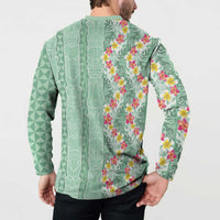 Menthol Green Aloha Hawaii Tiki Button Sweatshirt Tropical Plumeria - Seamless Style LT14 - Polynesian Pride