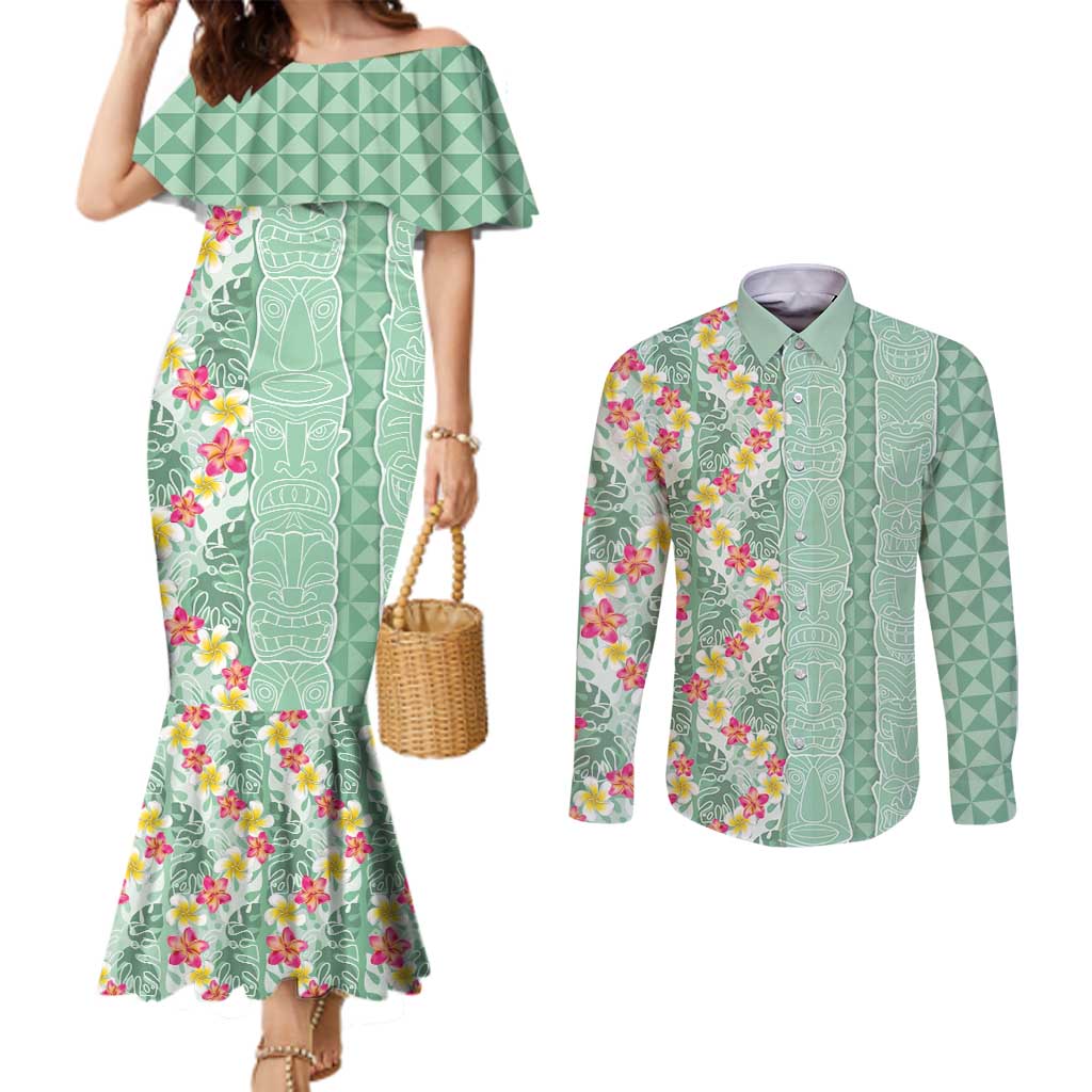 Menthol Green Aloha Hawaii Tiki Couples Matching Mermaid Dress and Long Sleeve Button Shirt Tropical Plumeria - Seamless Style