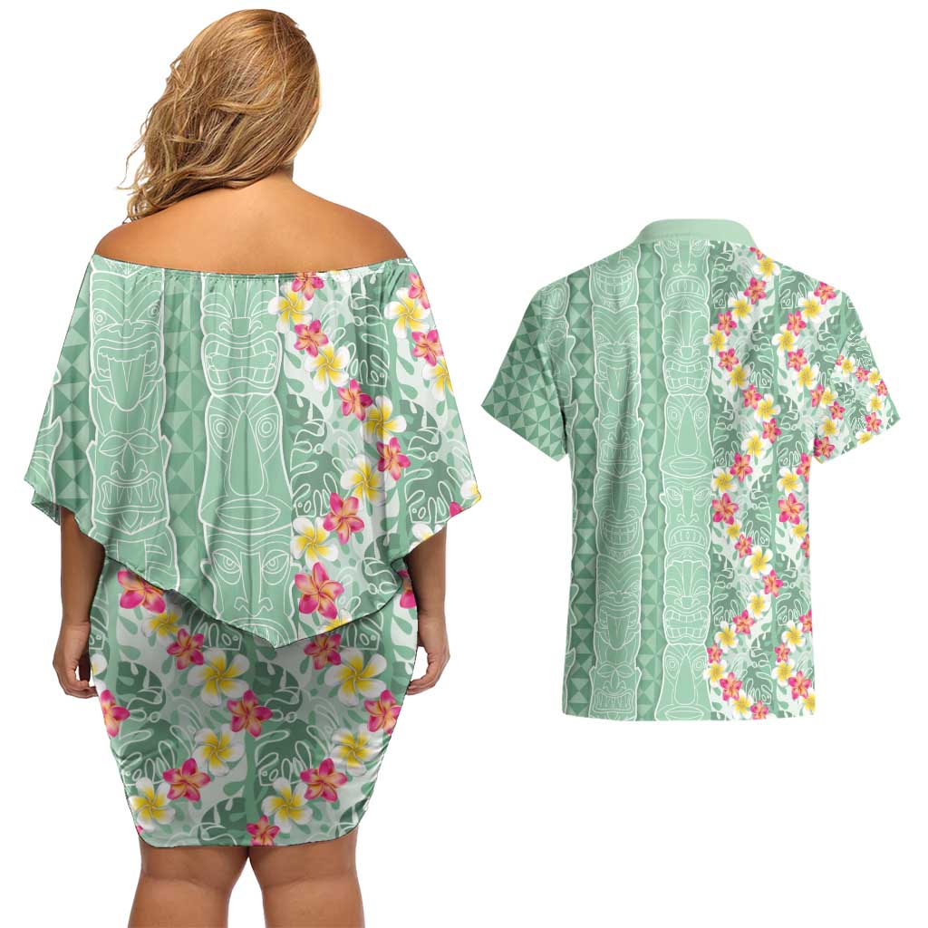 Menthol Green Aloha Hawaii Tiki Couples Matching Off Shoulder Short Dress and Hawaiian Shirt Tropical Plumeria - Seamless Style