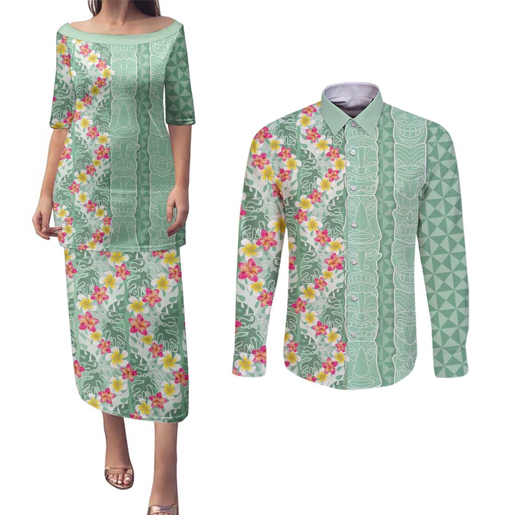Menthol Green Aloha Hawaii Tiki Couples Matching Puletasi and Long Sleeve Button Shirt Tropical Plumeria - Seamless Style