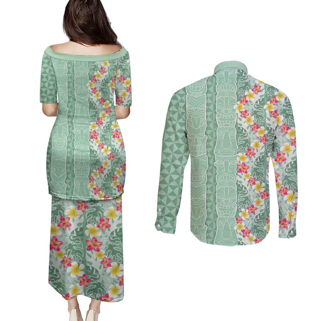 Menthol Green Aloha Hawaii Tiki Couples Matching Puletasi and Long Sleeve Button Shirt Tropical Plumeria - Seamless Style