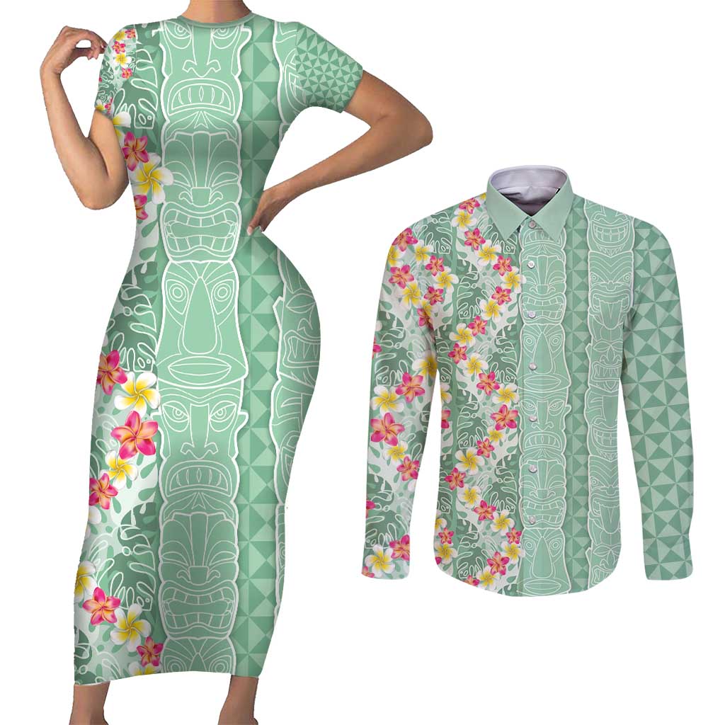 Menthol Green Aloha Hawaii Tiki Couples Matching Short Sleeve Bodycon Dress and Long Sleeve Button Shirt Tropical Plumeria - Seamless Style