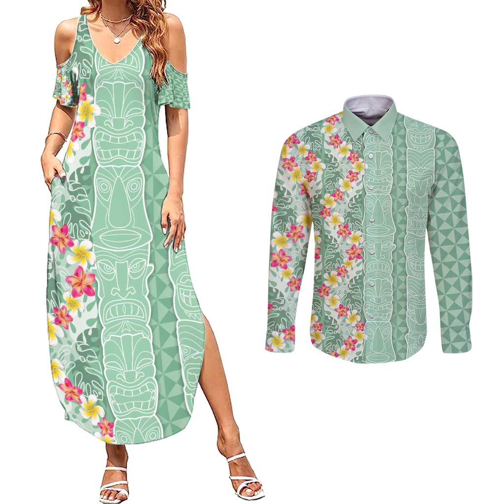 Menthol Green Aloha Hawaii Tiki Couples Matching Summer Maxi Dress and Long Sleeve Button Shirt Tropical Plumeria - Seamless Style