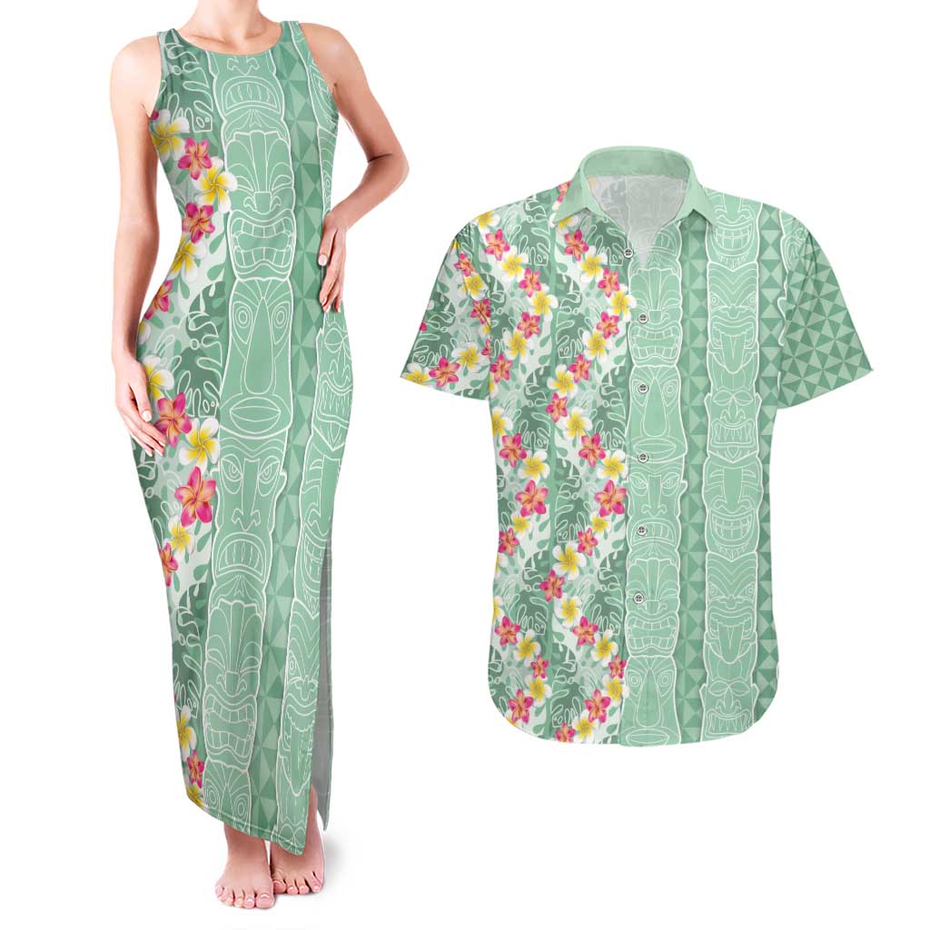 Menthol Green Aloha Hawaii Tiki Couples Matching Tank Maxi Dress and Hawaiian Shirt Tropical Plumeria - Seamless Style