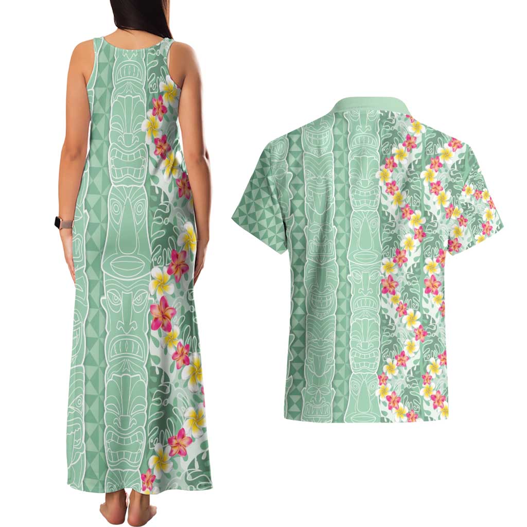 Menthol Green Aloha Hawaii Tiki Couples Matching Tank Maxi Dress and Hawaiian Shirt Tropical Plumeria - Seamless Style