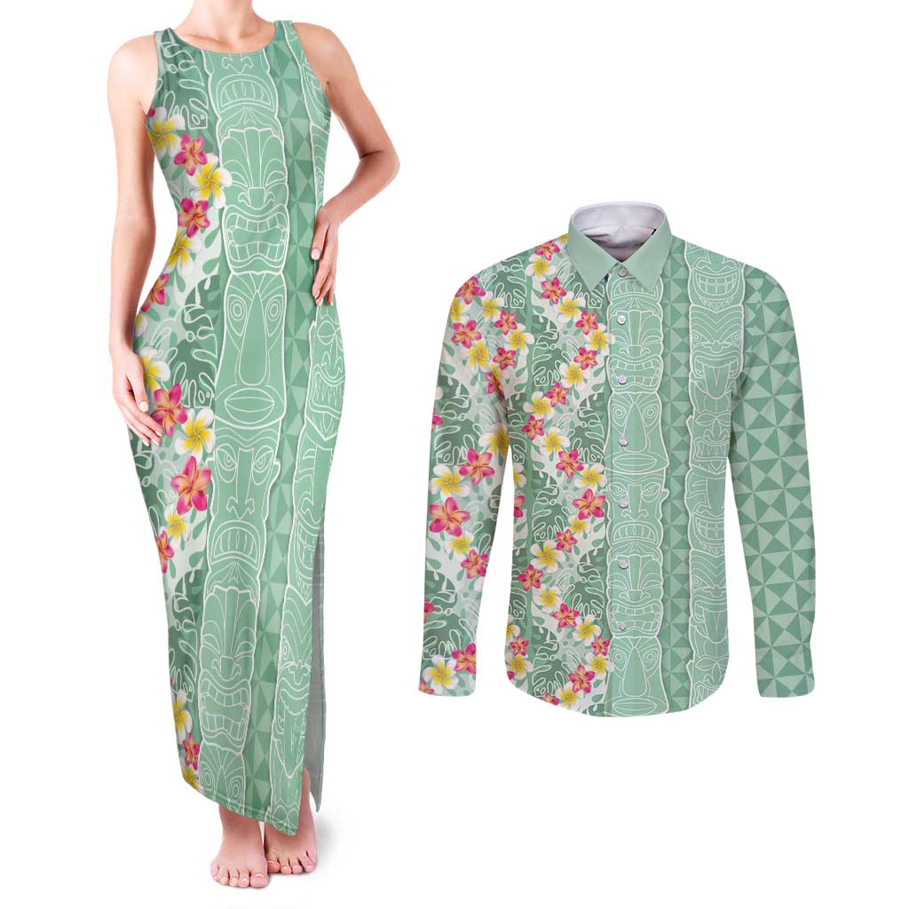 Menthol Green Aloha Hawaii Tiki Couples Matching Tank Maxi Dress and Long Sleeve Button Shirt Tropical Plumeria - Seamless Style