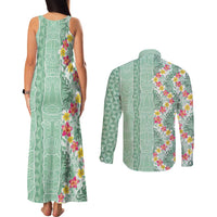 Menthol Green Aloha Hawaii Tiki Couples Matching Tank Maxi Dress and Long Sleeve Button Shirt Tropical Plumeria - Seamless Style