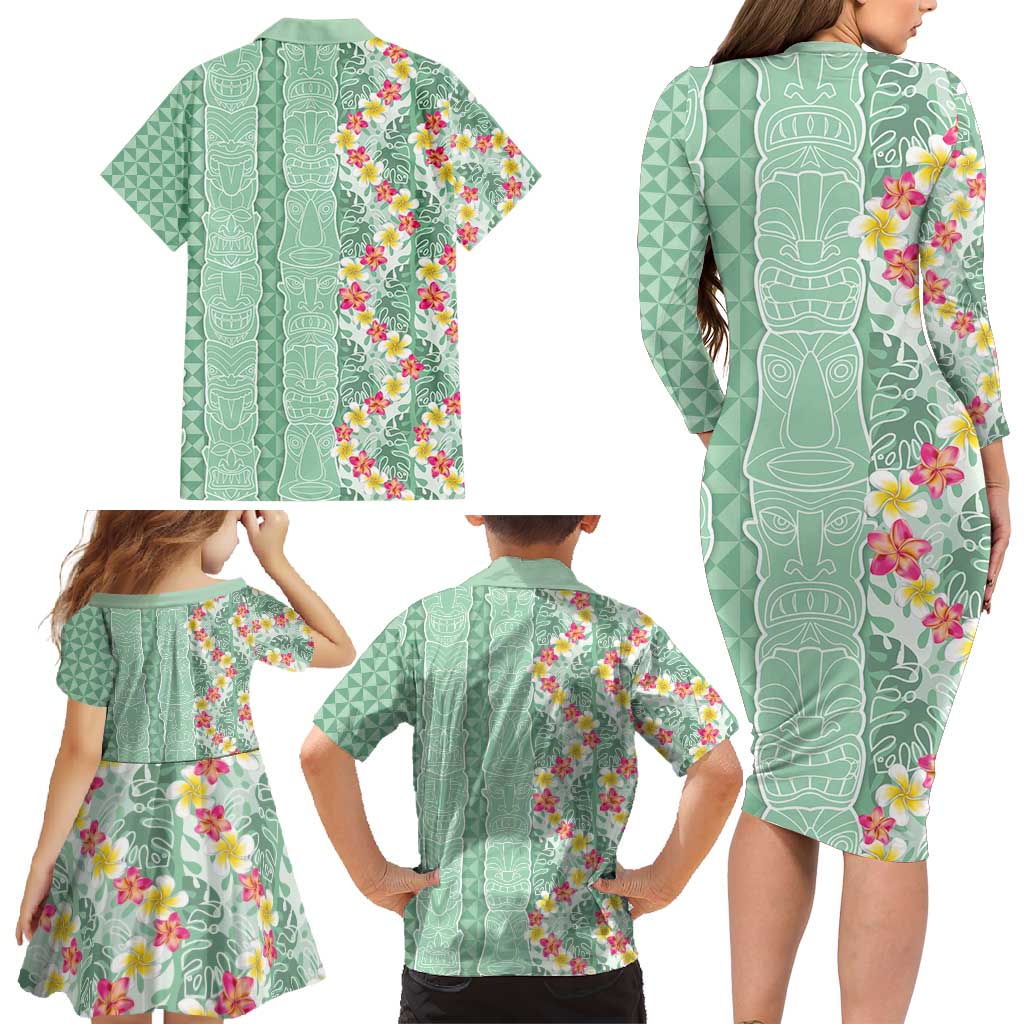 Menthol Green Aloha Hawaii Tiki Family Matching Long Sleeve Bodycon Dress and Hawaiian Shirt Tropical Plumeria - Seamless Style