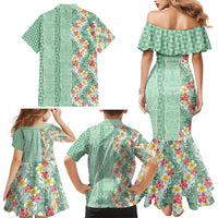 Menthol Green Aloha Hawaii Tiki Family Matching Mermaid Dress and Hawaiian Shirt Tropical Plumeria - Seamless Style