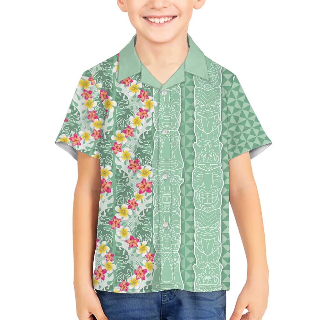 Menthol Green Aloha Hawaii Tiki Family Matching Puletasi and Hawaiian Shirt Tropical Plumeria - Seamless Style