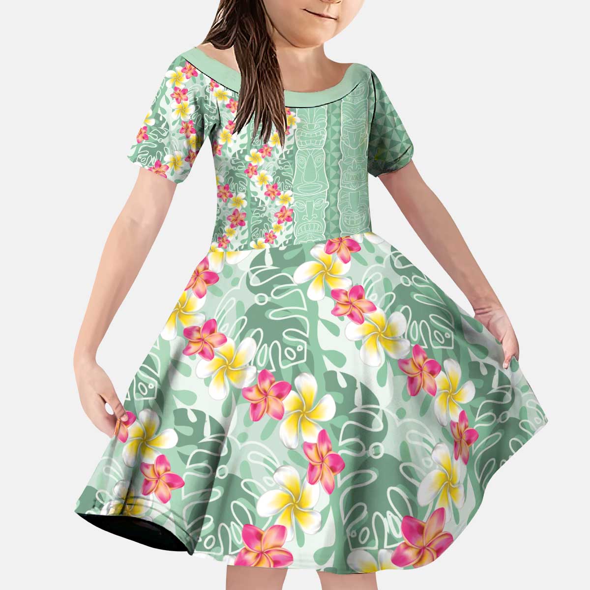Menthol Green Aloha Hawaii Tiki Kid Short Sleeve Dress Tropical Plumeria - Seamless Style
