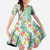 Menthol Green Aloha Hawaii Tiki Kid Short Sleeve Dress Tropical Plumeria - Seamless Style