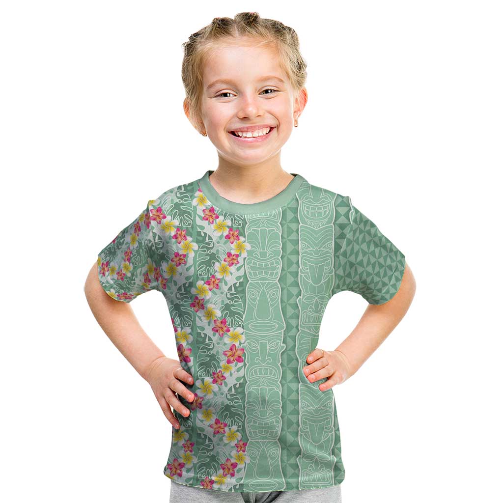 Menthol Green Aloha Hawaii Tiki Kid T Shirt Tropical Plumeria - Seamless Style