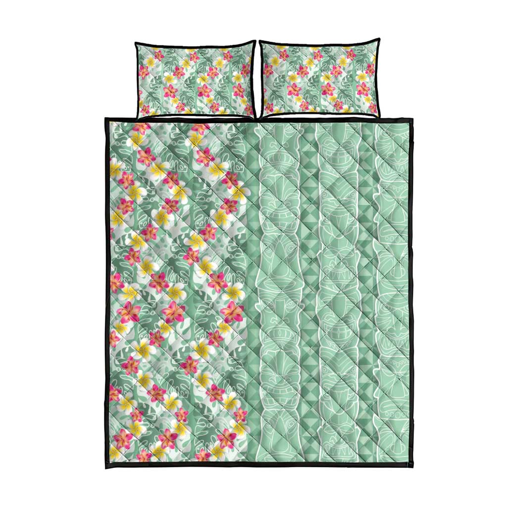 Menthol Green Aloha Hawaii Tiki Quilt Bed Set Tropical Plumeria - Seamless Style