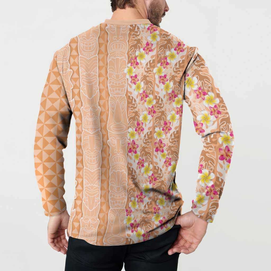 Orange Chiffon Aloha Hawaii Tiki Button Sweatshirt Tropical Plumeria - Seamless Style