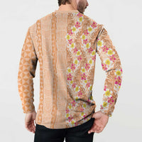 Orange Chiffon Aloha Hawaii Tiki Button Sweatshirt Tropical Plumeria - Seamless Style