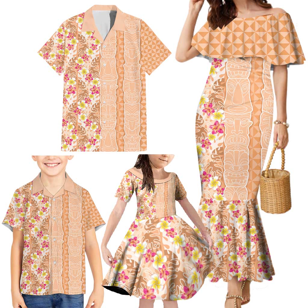 Orange Chiffon Aloha Hawaii Tiki Family Matching Mermaid Dress and Hawaiian Shirt Tropical Plumeria - Seamless Style
