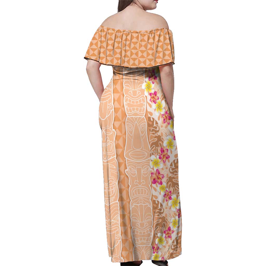 Orange Chiffon Aloha Hawaii Tiki Family Matching Off Shoulder Maxi Dress and Hawaiian Shirt Tropical Plumeria - Seamless Style