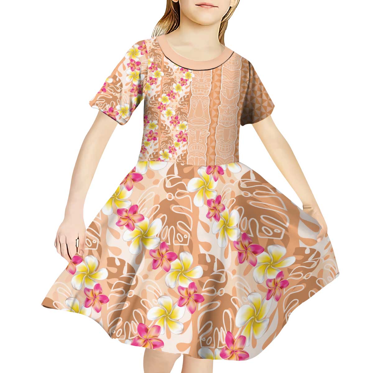 Orange Chiffon Aloha Hawaii Tiki Kid Short Sleeve Dress Tropical Plumeria - Seamless Style LT14 - Polynesian Pride