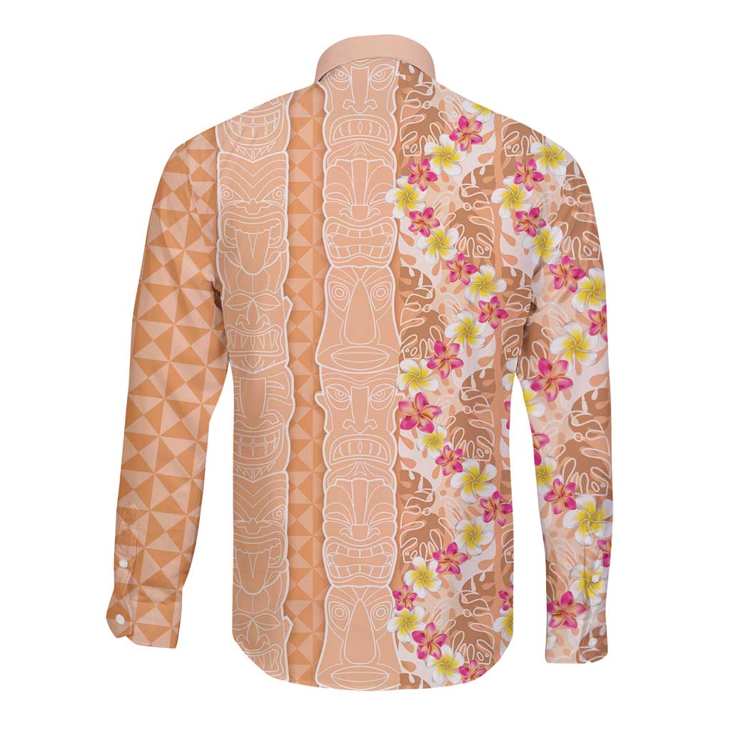 Orange Chiffon Aloha Hawaii Tiki Long Sleeve Button Shirt Tropical Plumeria - Seamless Style