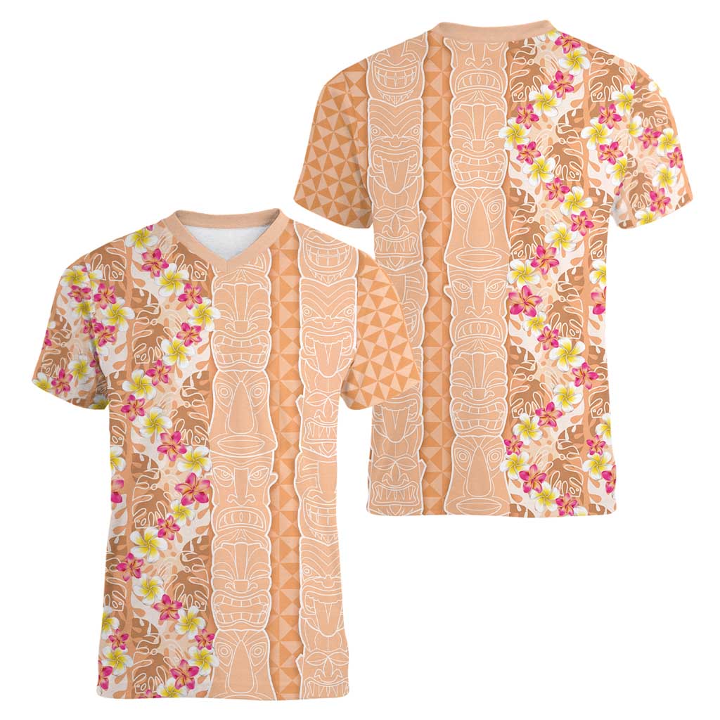 Orange Chiffon Aloha Hawaii Tiki Women V-Neck T-Shirt Tropical Plumeria - Seamless Style