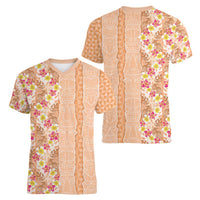 Orange Chiffon Aloha Hawaii Tiki Women V-Neck T-Shirt Tropical Plumeria - Seamless Style