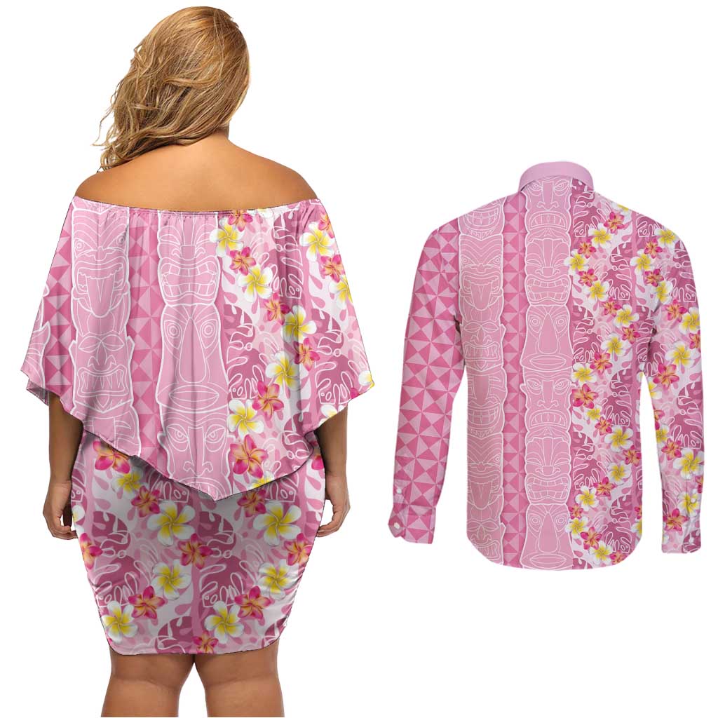 Pastel Magenta Aloha Hawaii Tiki Couples Matching Off Shoulder Short Dress and Long Sleeve Button Shirt Tropical Plumeria - Seamless Style